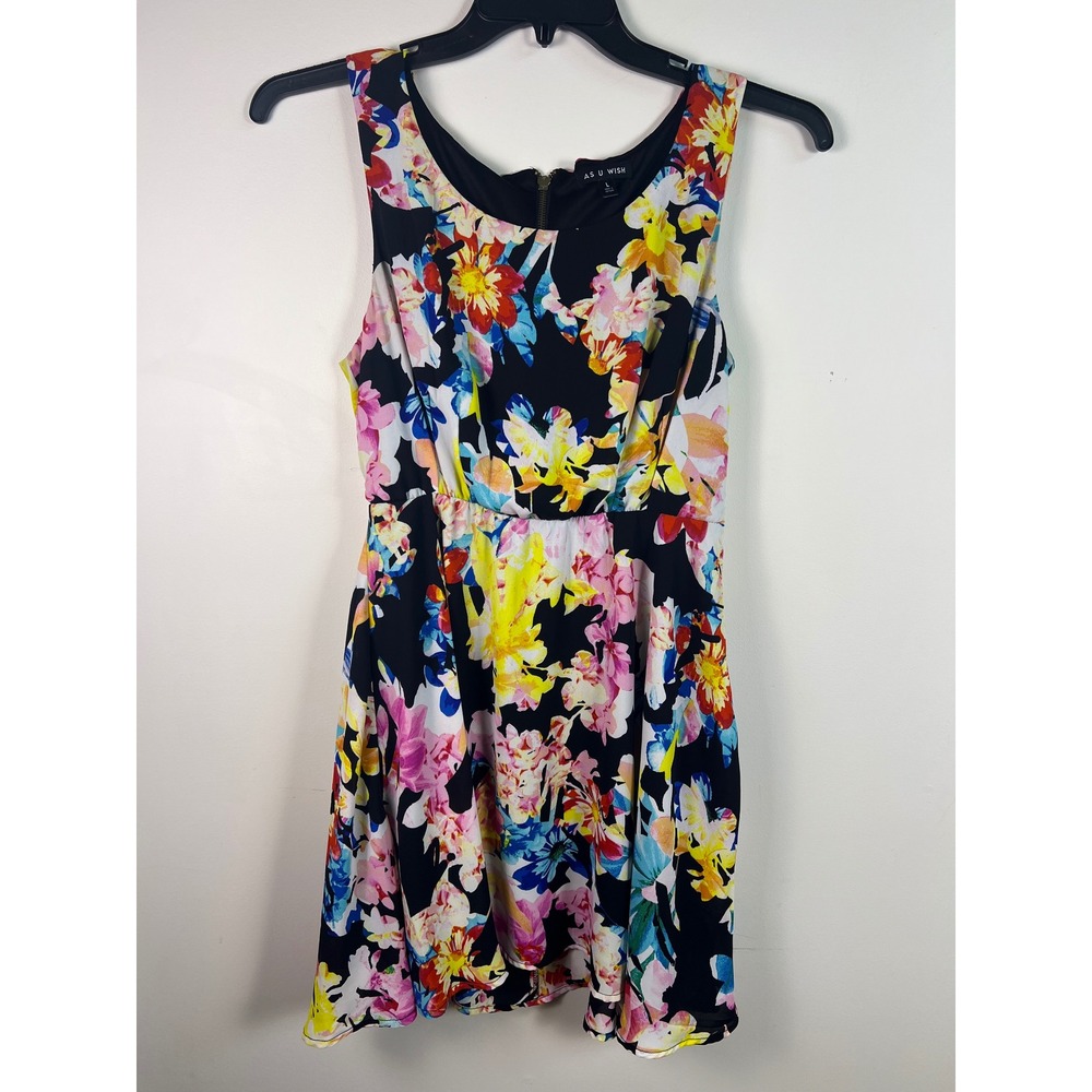 AS U WISH Black Floral Print Sleeveless Fit Flare Dress Skater Women's Size L